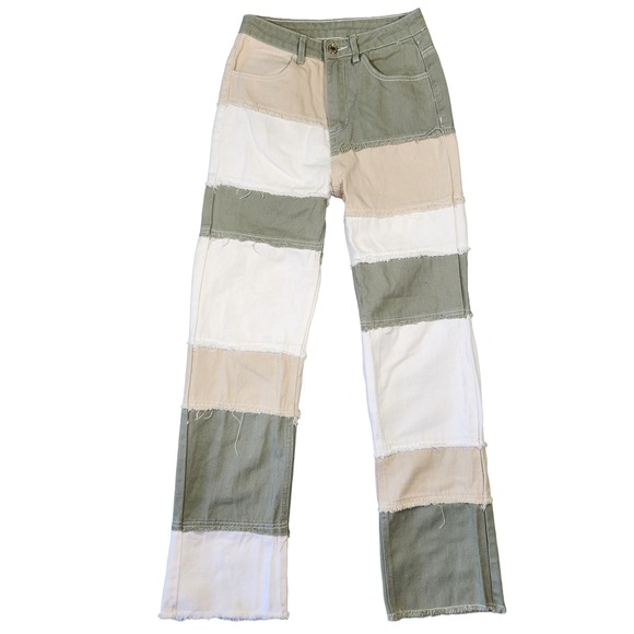Shein Patchwork‎ Jeans Womens 2 Frayed Hem High Waist Colorblock Festival Preppy - Picture 1 of 8